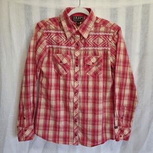 Medium Cowgirl Up Cattleman Western Red Plaid Shirt Ranch Show Rail Shirt Top